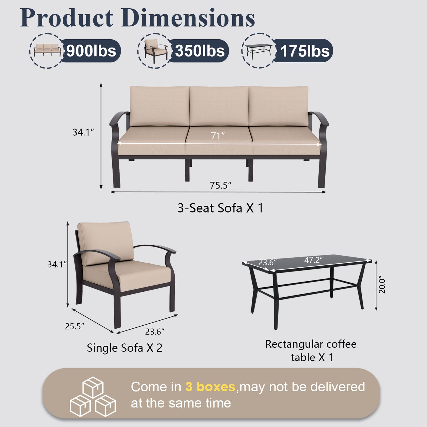 ALAULM 5-Seat Aluminum Patio Furniture Set, Outdoor Patio Conversation Set with Rectangular Metal Coffee Table and 5.1" Cushions for Patio Backyard Poolside，Sand
