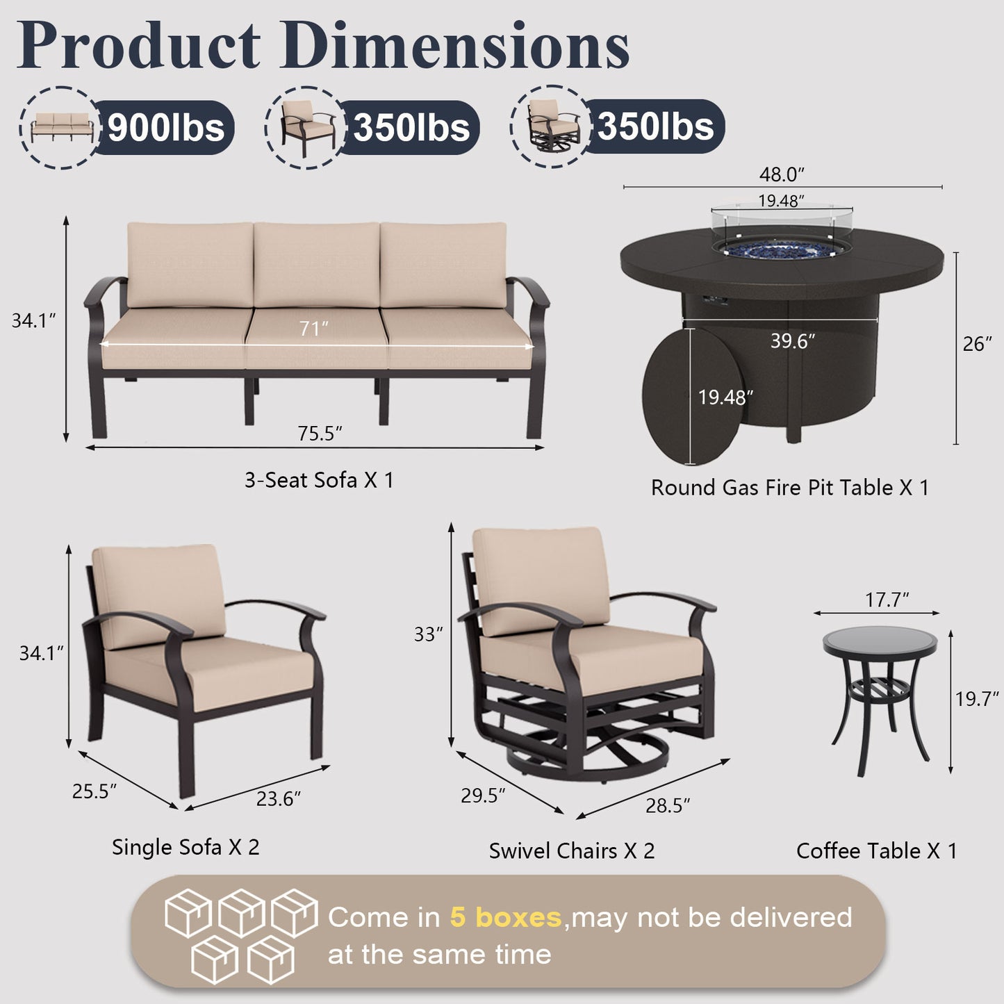 ALAULM Aluminium Patio Furniture Set with Swivel Chairs, 7-Seater Metal Outdoor Furniture Patio Sectional Sofas Patio Conversation Set with 2 swivel chairs For Patio, Backyard, Poolside