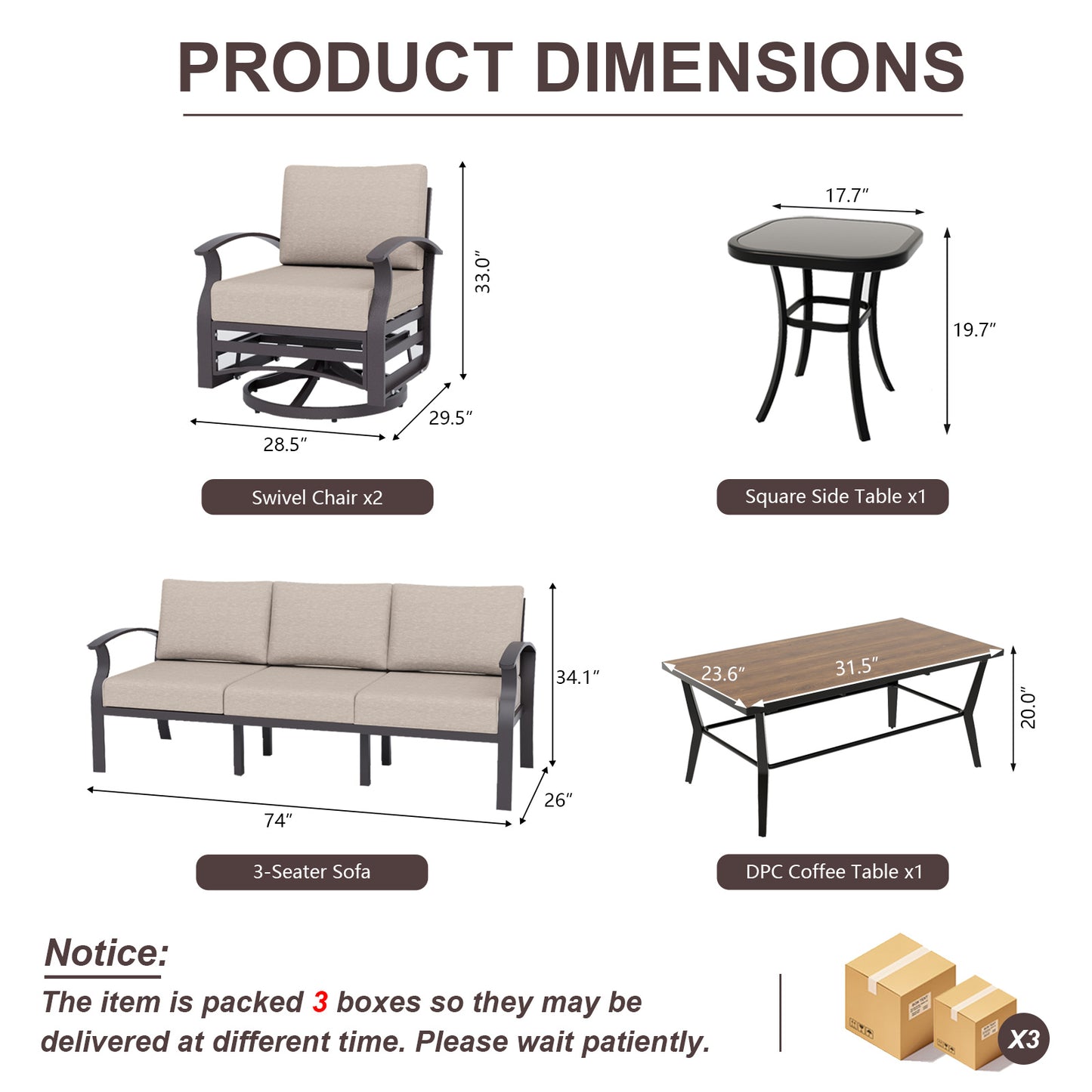 ALAULM Aluminum Patio Furniture Set with Coffee Table Rectangular, 5-seat Outdoor Sectional Furniture w/2 Swivel Chairs, Patio Conversation Set for Porch, Backyard, Poolside