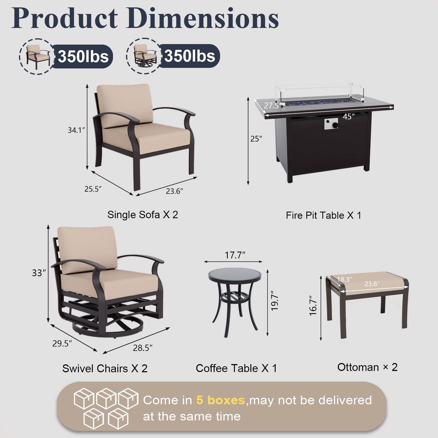 ALAULM 6-Seat Aluminum Patio Furniture Set, Outdoor Patio Conversation Set with Propane Fire Pit Table and 5.1" Cushions for Patio Backyard Poolside, Sand