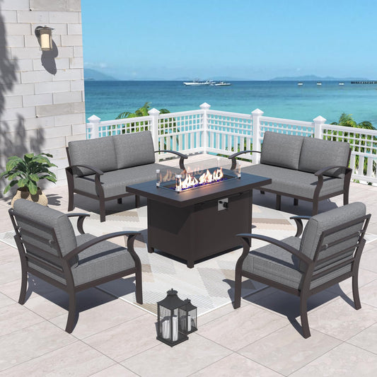 ALAULM 6-Seat Aluminum Patio Furniture Set with CSA-Certified Fire Pit Table & 5.1" Cushions