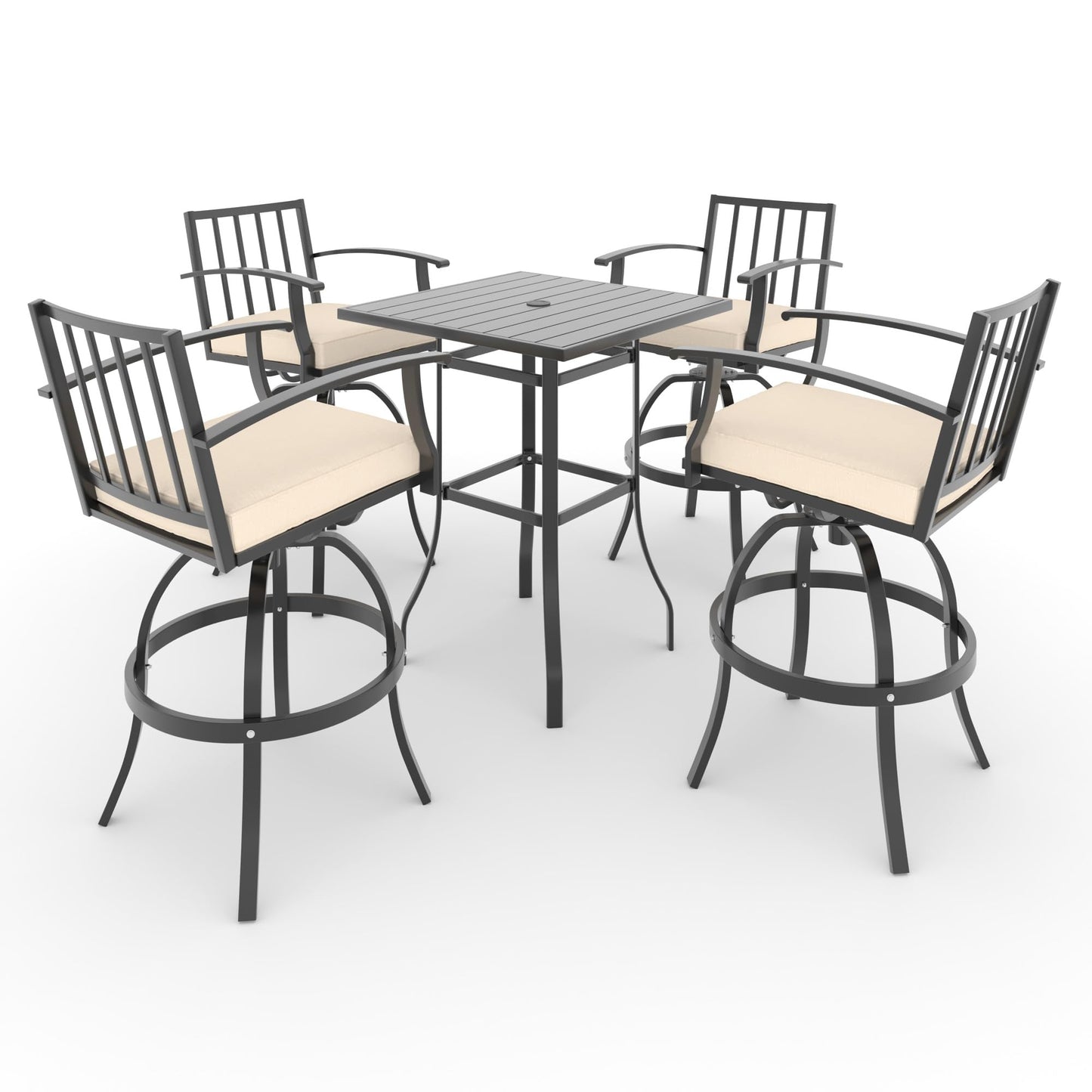 ALAULM 5 Pieces Outdoor Swivel Bar Stools Set, All Weather Metal Patio High Top Bistro Set with 4 Cushioned Chairs and Table for Garden Deck Lawn