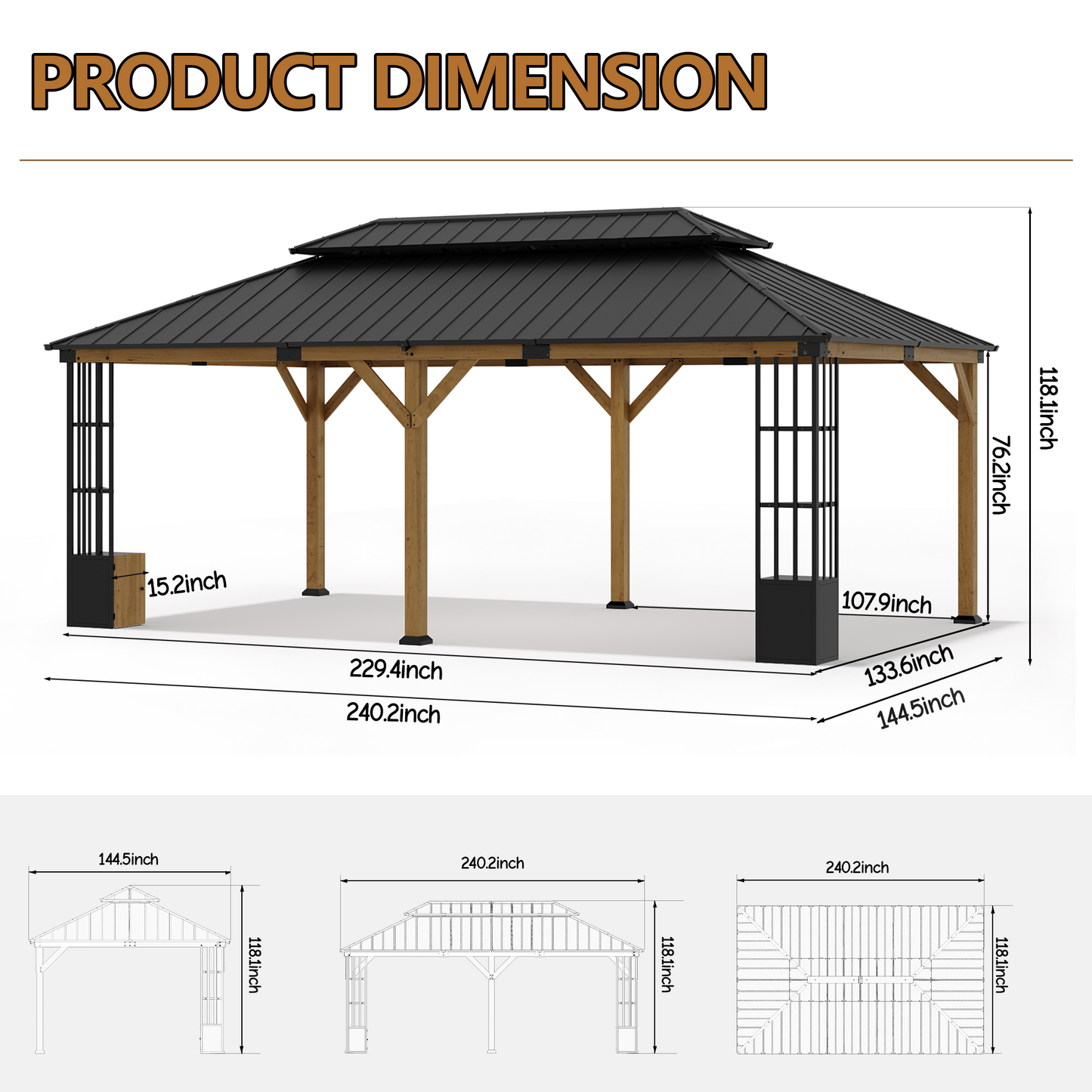 Gotland 12' x 20' Hardtop Gazebo, Outdoor Galvanized Steel Double-Roof Gazebo with Curtains and Netting for Patios, Gardens, and Lawns