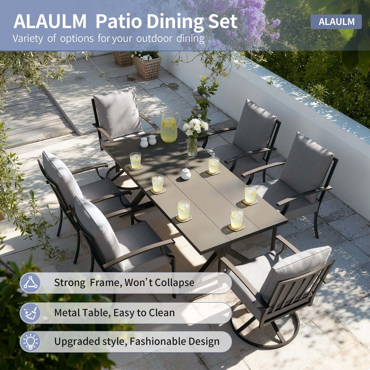 ALAULM 78.2" Rectangular Heavy-Duty Metal Dining Table, Modern Outdoor Patio Table for 8 People, Robust Metal Frame & Reinforced Metal Legs (Brown with Golden Flecks)