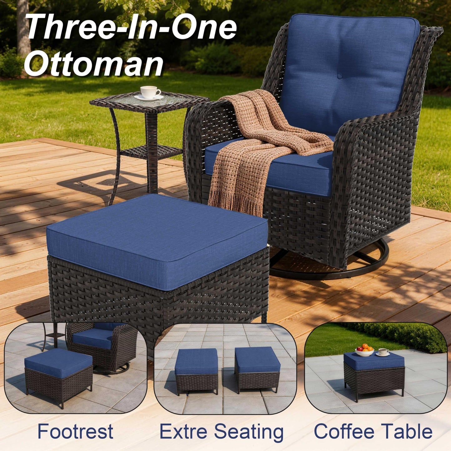 ALAULM 5-Piece Patio Furniture Set, Outdoor Thick Wicker Conversation Set with Swivel Chairs and Ottomans, High Back Wicker Sectional Sofa Couch for Backyard Porch Deck