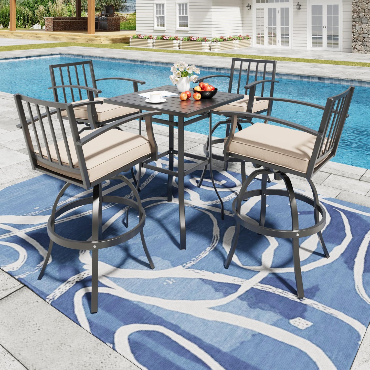 ALAULM 5 Pieces Outdoor Swivel Bar Stools Set, All Weather Metal Patio High Top Bistro Set with 4 Cushioned Chairs and Table for Garden Deck Lawn
