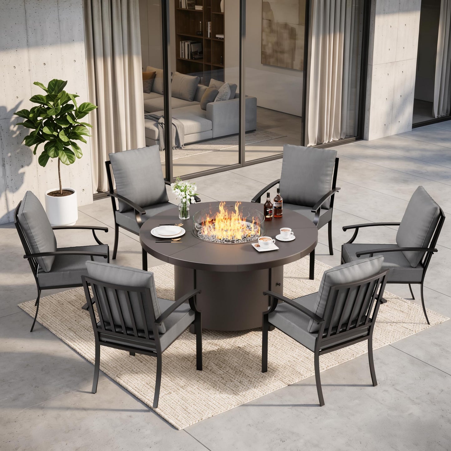 Gotland 7-Piece Outdoor Patio Dining Set, 48 Inch Round Propane Fire Pit Table with 6 Fixed Rocking Chairs, All Weather Patio Conversation Furniture for Backyard Deck Garden, Gray