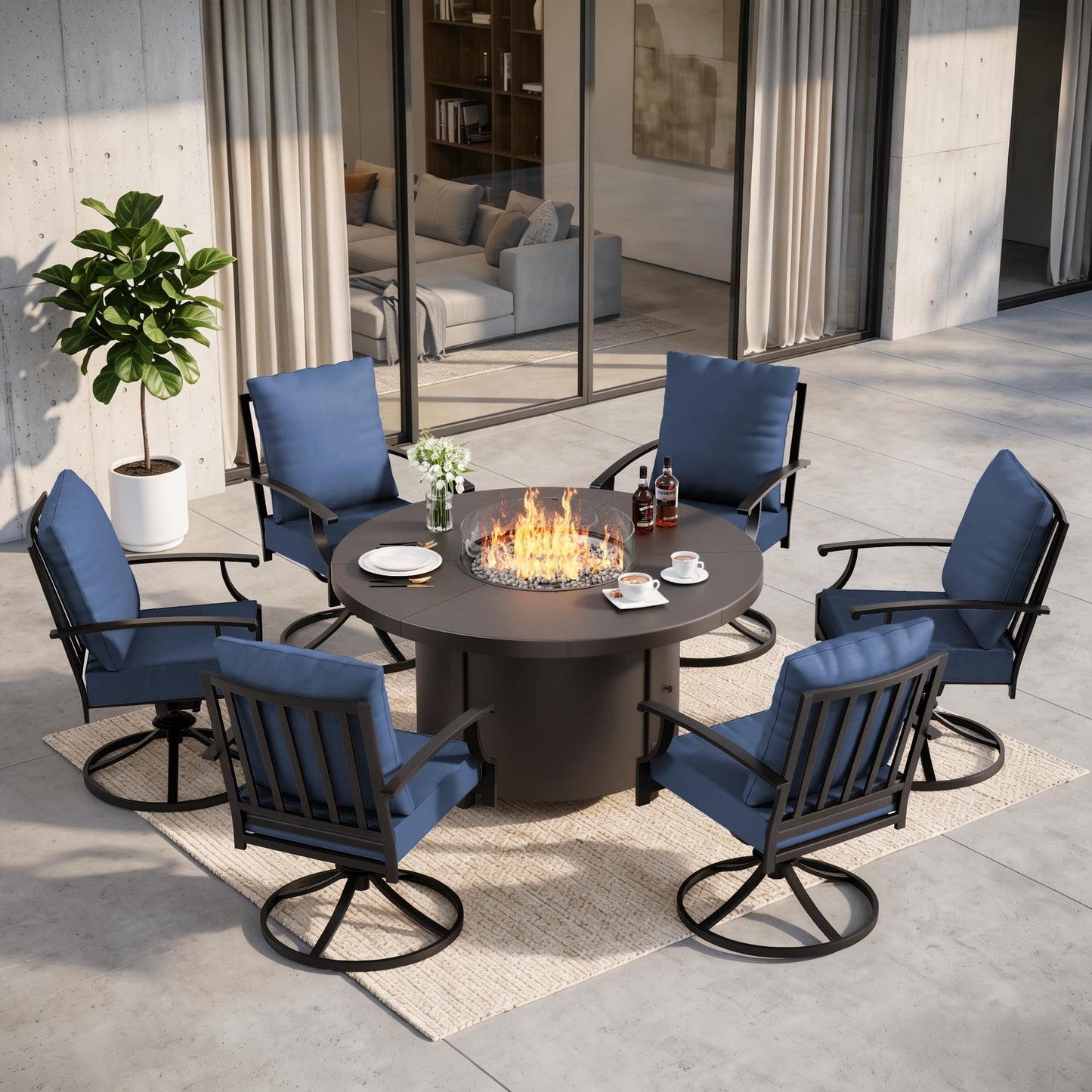 Gotland 7-Piece Outdoor Patio Dining Set, 48 Inch Round Propane Fire Pit Table with 6 Swivel Rocking Chairs, All Weather Patio Conversation Furniture for Backyard Deck Garden, Gray