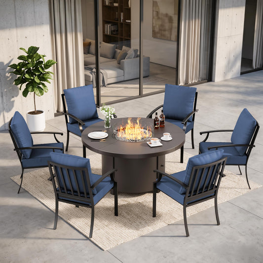 Gotland 7-Piece Outdoor Patio Dining Set, 48 Inch Round Propane Fire Pit Table with 6 Fixed Rocking Chairs, All Weather Patio Conversation Furniture for Backyard Deck Garden, Gray