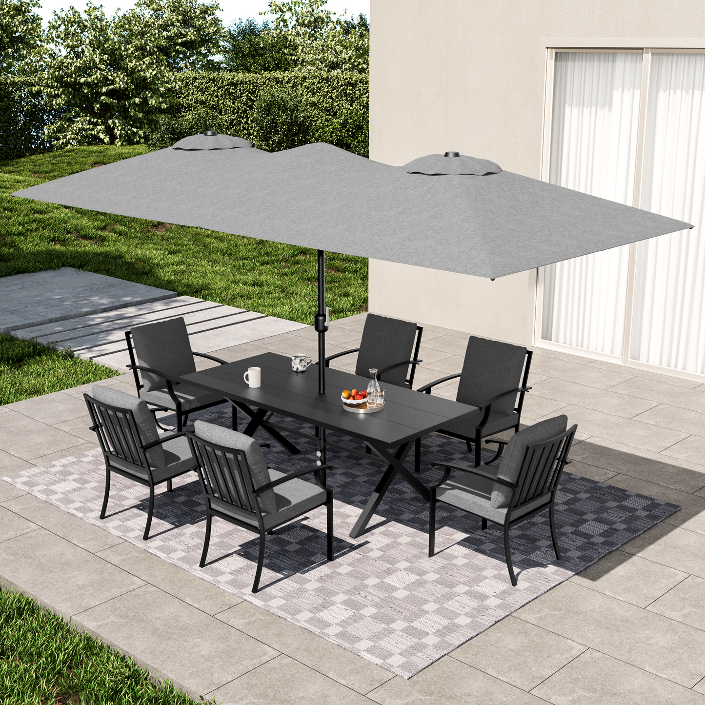 ALAULM Patio Dining Set w/14FT Umbrella, Metal Outdoor Furniture Set w/Rectangular table or Patio, Backyard, Garden, Poolside