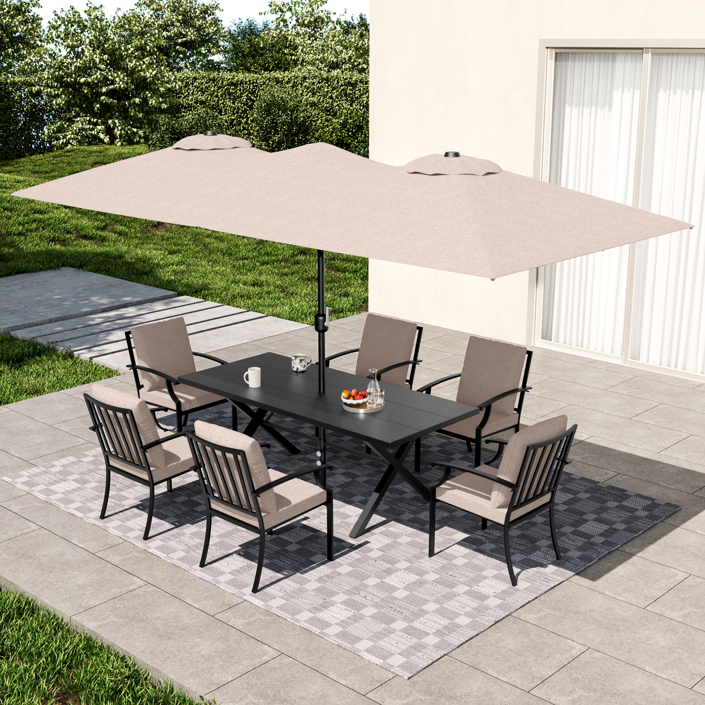 ALAULM Patio Dining Set w/14FT Umbrella, Metal Outdoor Furniture Set w/Rectangular table or Patio, Backyard, Garden, Poolside