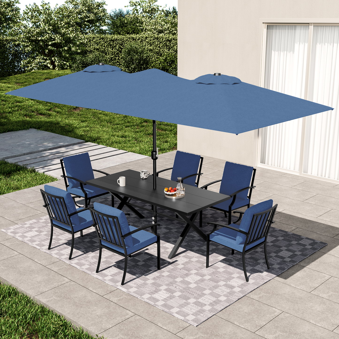 ALAULM Patio Dining Set w/14FT Umbrella, Metal Outdoor Furniture Set w/Rectangular table or Patio, Backyard, Garden, Poolside