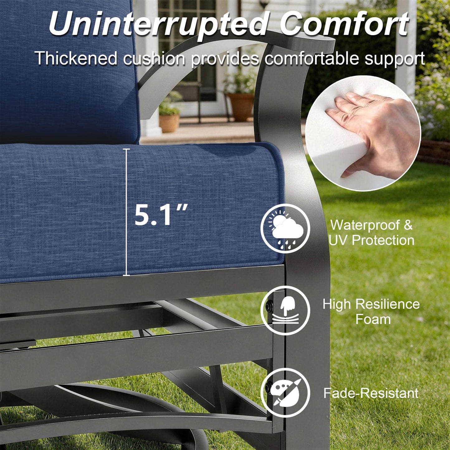 ALAULM 3 Pieces Patio Furniture Set, 2 Aluminum Outdoor Swivel Rocking Chairs with 5.1" Padded Removable Cushions & 1 Tempered Glass Coffee Table for Backyard Lawn Porch