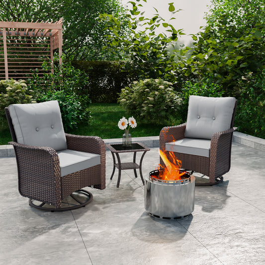 ALAULM 3PCS Outdoor Conversation Sets with 19" Smokeless Stove, Outdoor Swivel Glider Chair with Glass Top Side Table, Fire Pit Comes with Waterproof Cover and Fire Poker, for Porch Backyard