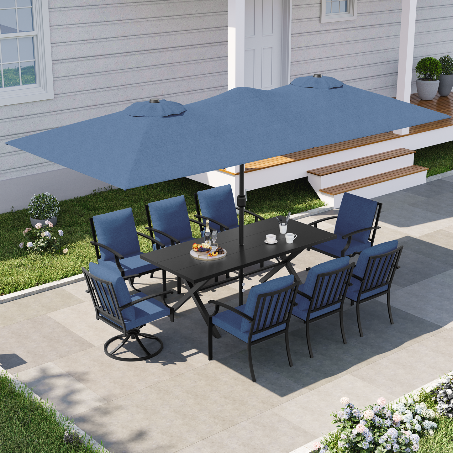 ALAULM Patio Dining Set w/14FT Umbrella, Metal Outdoor Furniture Set w/Rectangular table or Patio, Backyard, Garden, Poolside