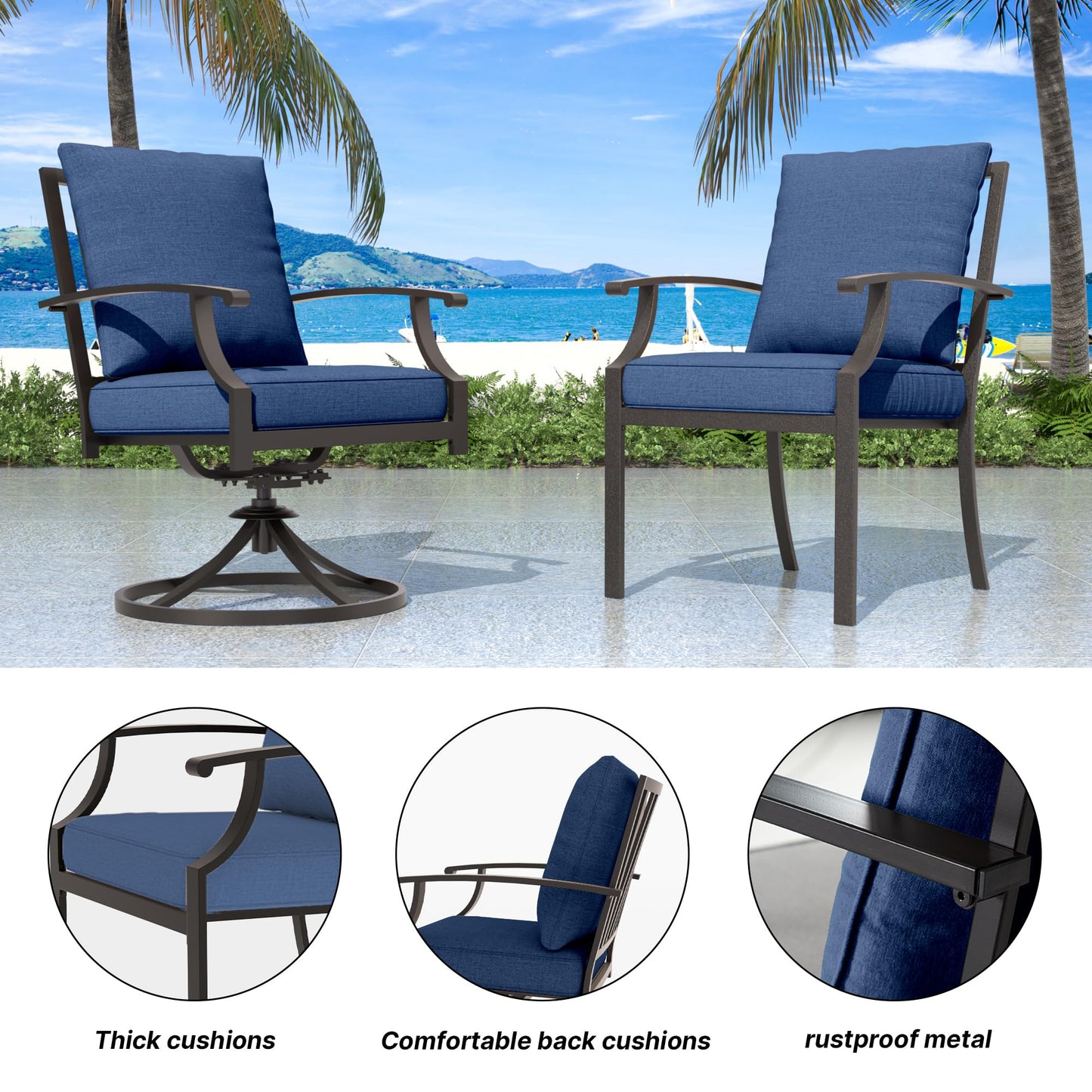 Gotland 5-Piece Outdoor Patio Dining Set, 48 Inch Round Propane Fire Pit Table with 4 Fixed Rocking Chairs, All Weather Patio Conversation Furniture for Backyard Deck Garden, Gray