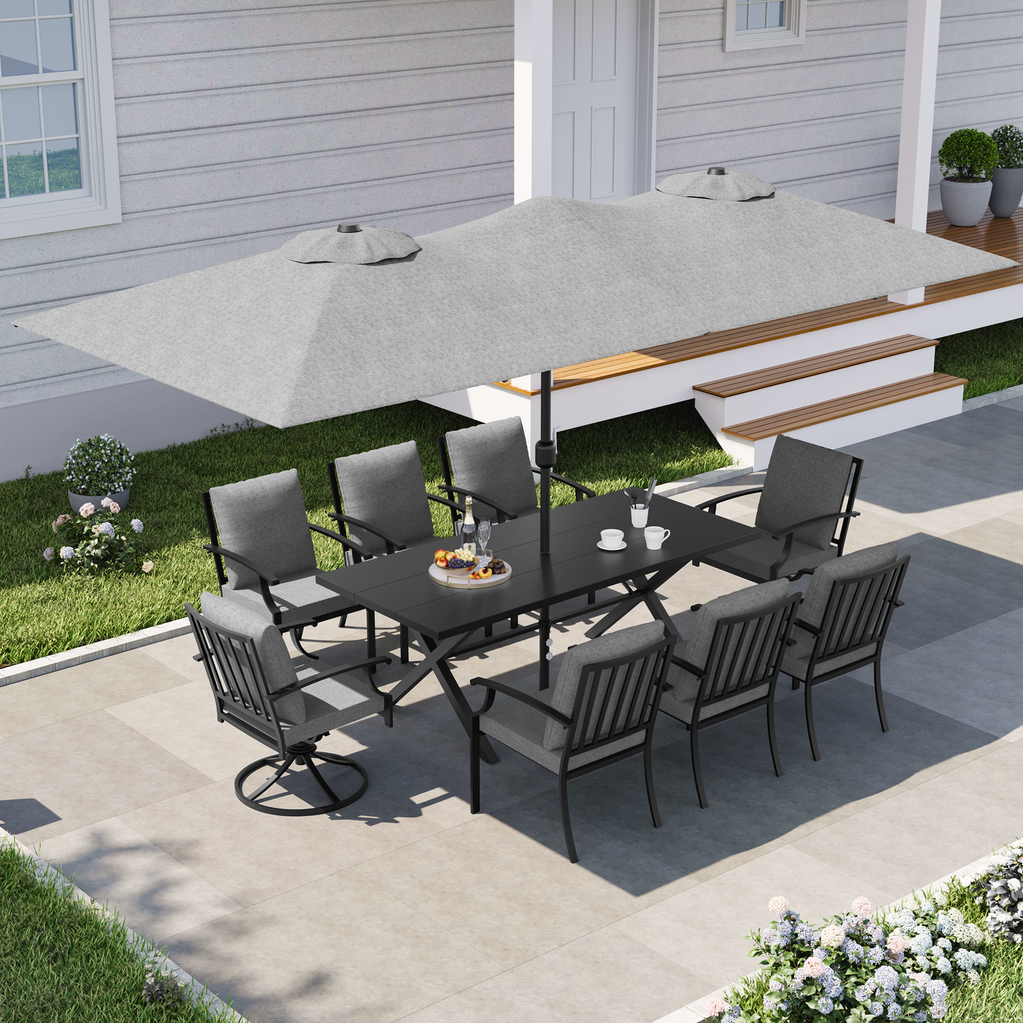 ALAULM Patio Dining Set w/14FT Umbrella, Metal Outdoor Furniture Set w/Rectangular table or Patio, Backyard, Garden, Poolside