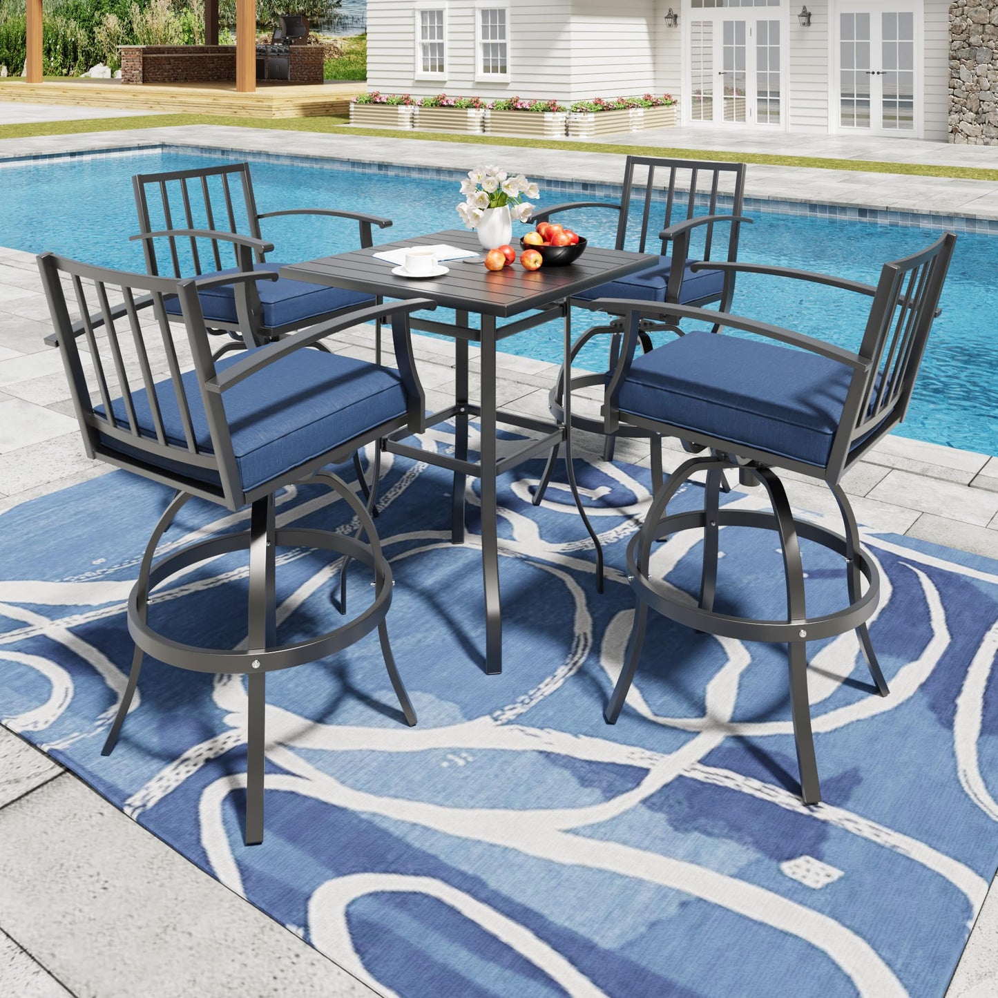 ALAULM 5 Pieces Outdoor Swivel Bar Stools Set, All Weather Metal Patio High Top Bistro Set with 4 Cushioned Chairs and Table for Garden Deck Lawn