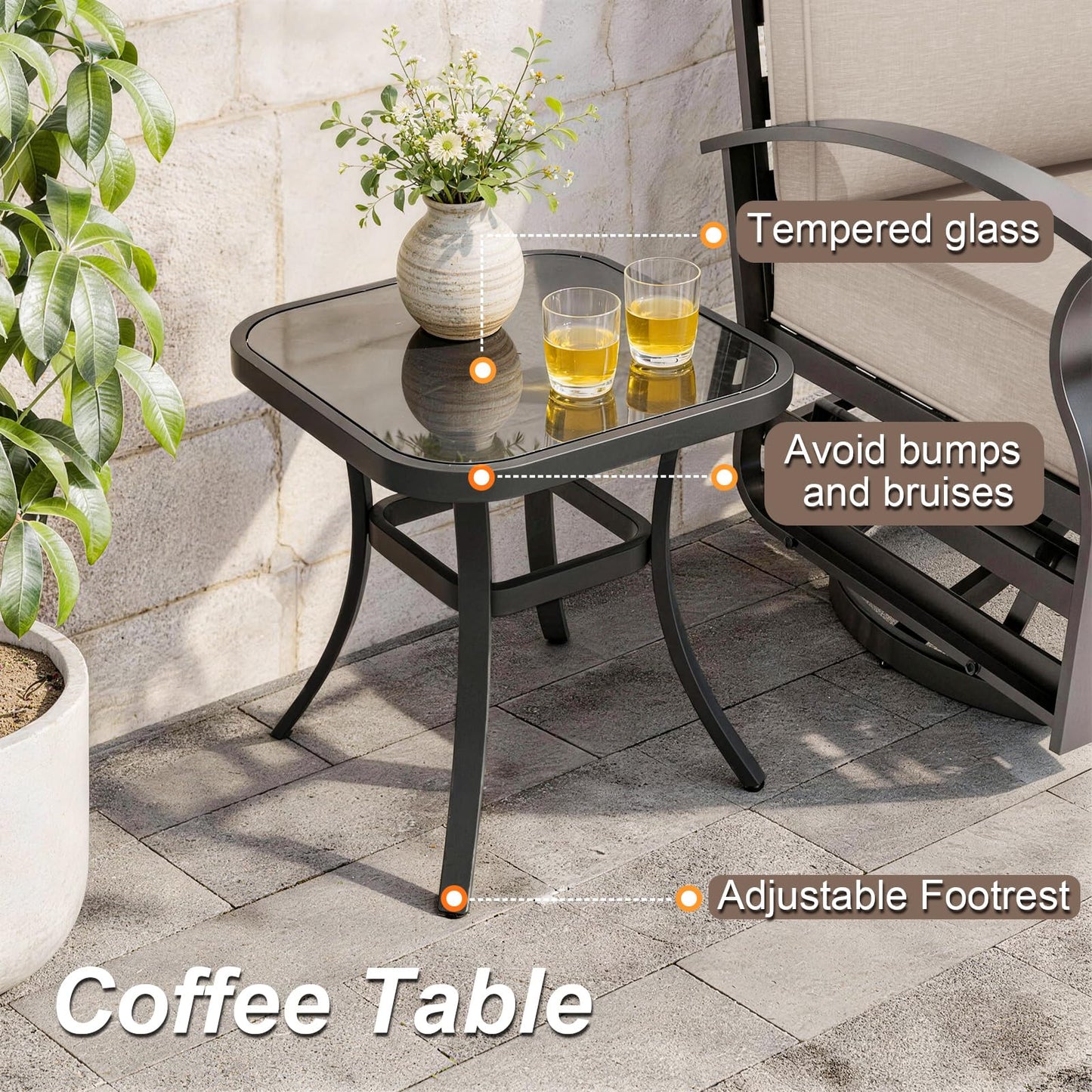ALAULM 3 Pieces Patio Furniture Set, 2 Aluminum Outdoor Swivel Rocking Chairs with 5.1" Padded Removable Cushions & 1 Tempered Glass Coffee Table for Backyard Lawn Porch