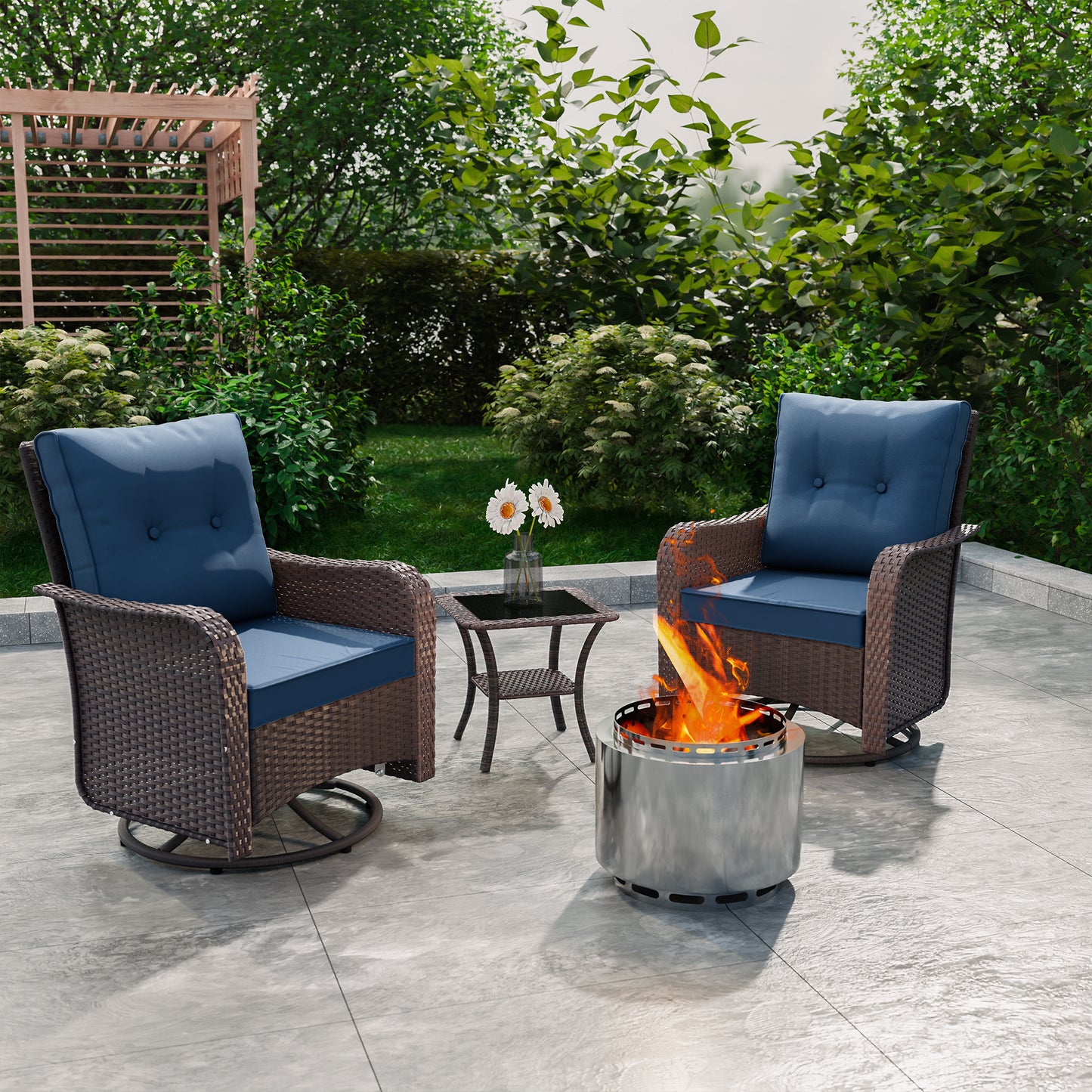 ALAULM 3PCS Outdoor Conversation Sets with 19" Smokeless Stove, Outdoor Swivel Glider Chair with Glass Top Side Table, Fire Pit Comes with Waterproof Cover and Fire Poker, for Porch Backyard
