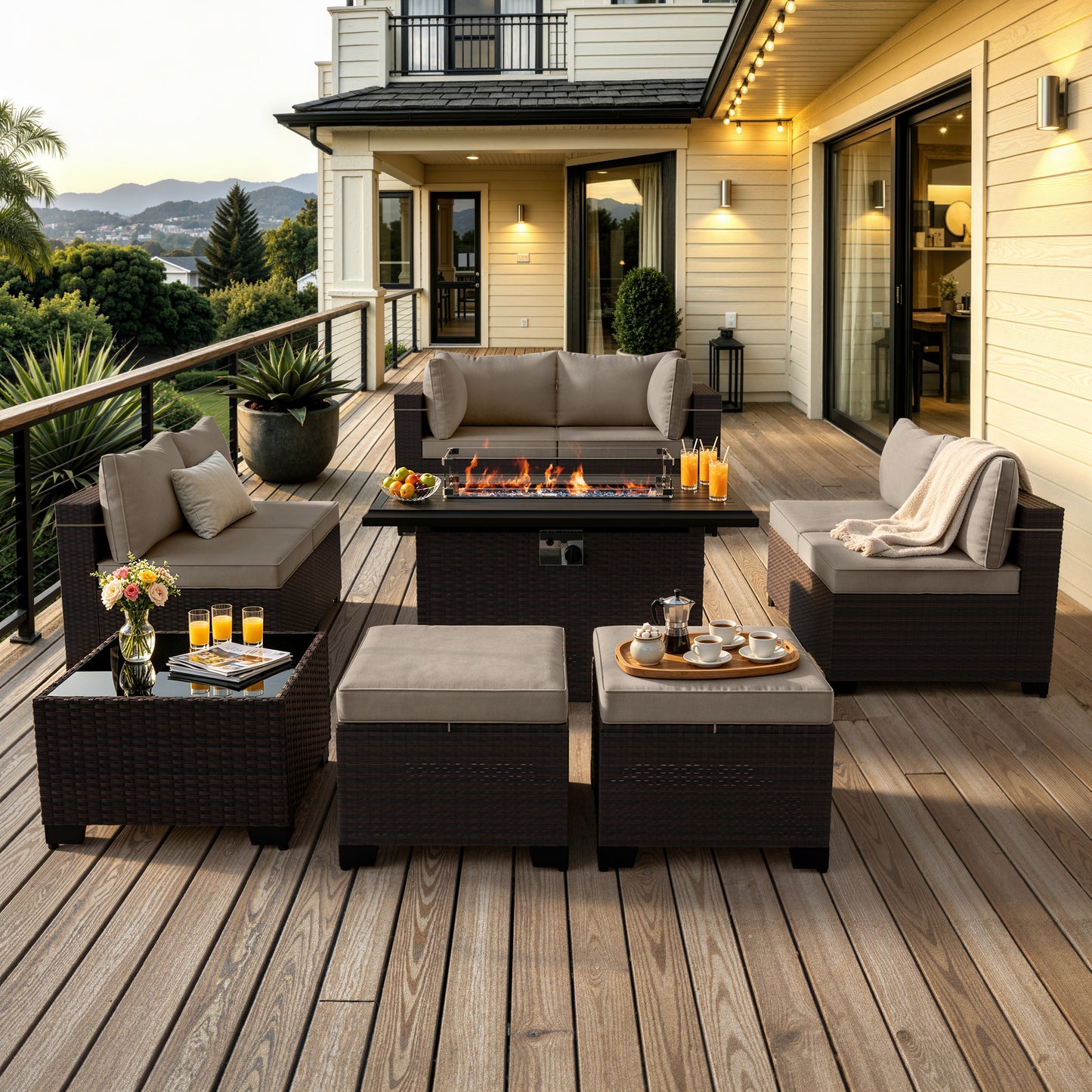 ALAULM 9PCS Outdoor Conversation Set, Thick Backrest Patio PE Rattan Wicker Sectional Sofas with Ottoman for Backyard, Porch, Sand