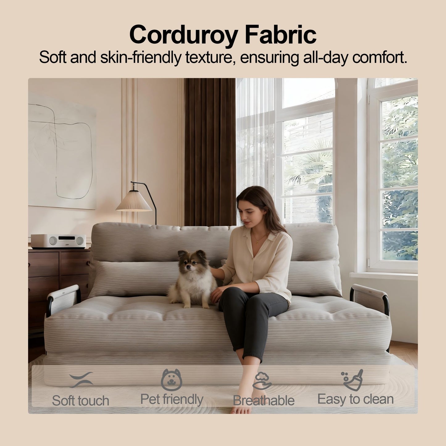 ALAULM Modern Two-Seater Folding Sofa Bed Convertible Sleeper Couch with Pillows, Storage Side, Versatile Floor Couch for Living Room Bedroom, White | Foldable, Comfortable, Multiple Usage