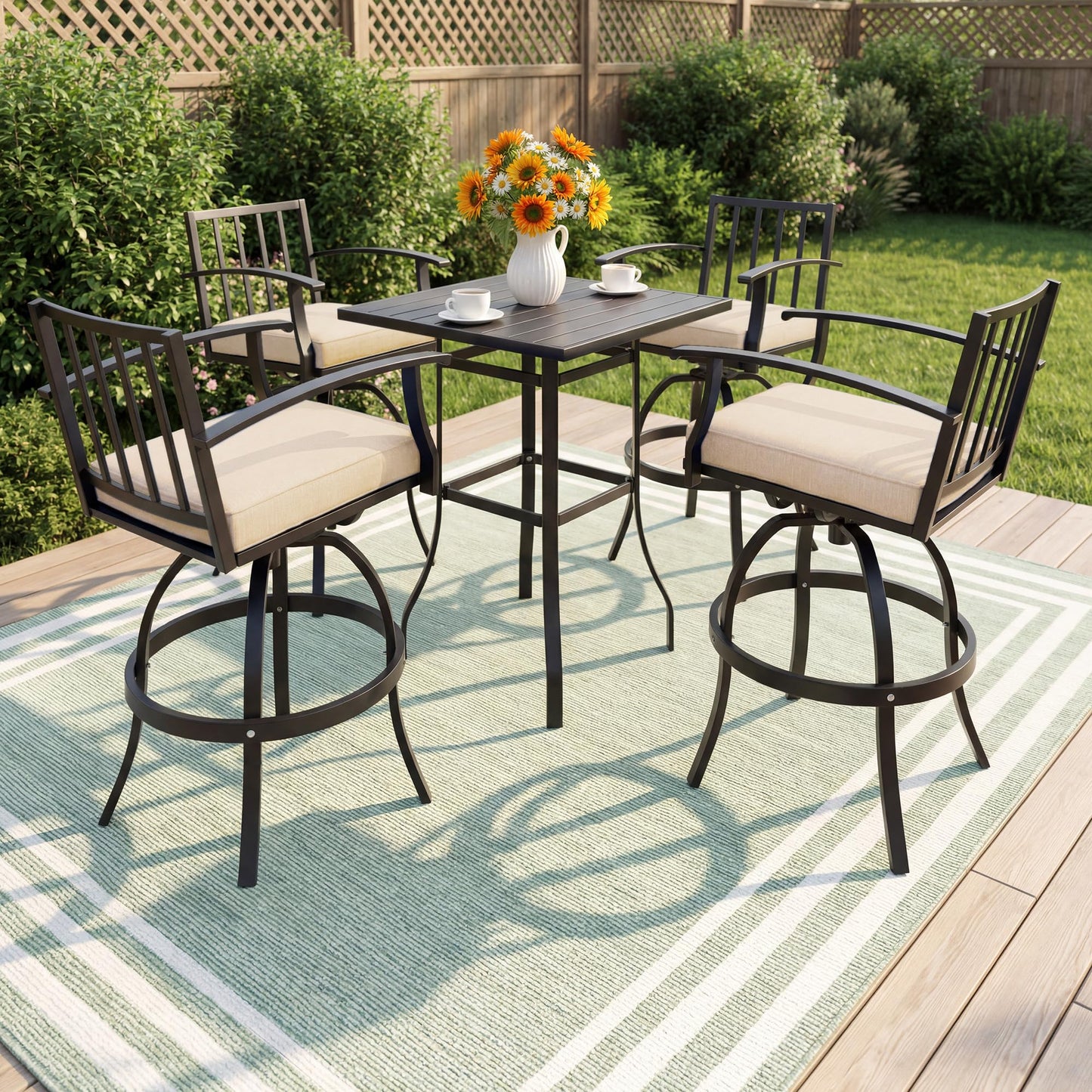 ALAULM 5 Pieces Outdoor Swivel Bar Stools Set, All Weather Metal Patio High Top Bistro Set with 4 Cushioned Chairs and Table for Garden Deck Lawn