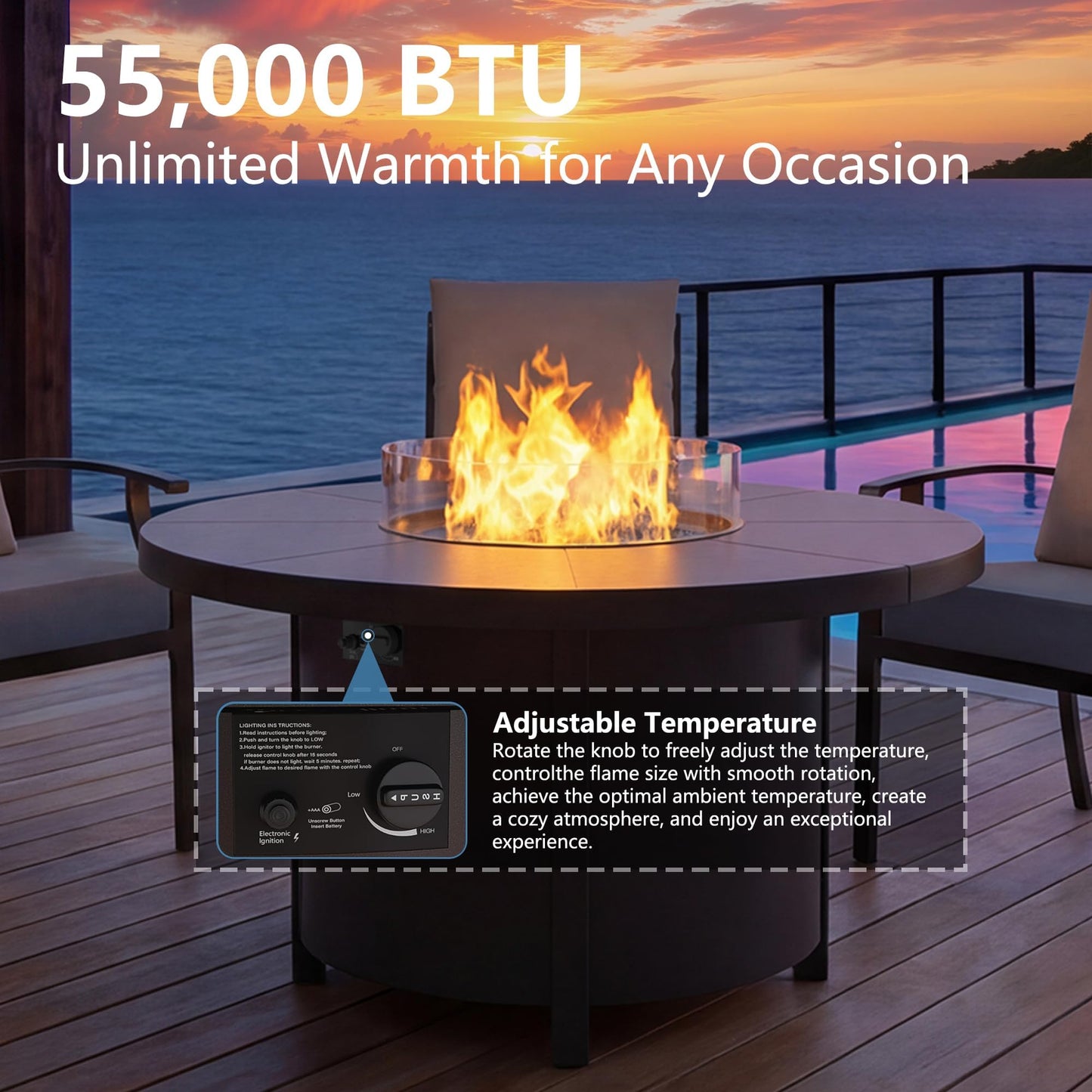 Gotland 5-Piece Outdoor Patio Dining Set, 48 Inch Round Propane Fire Pit Table with 4 Swivel Rocking Chairs, All Weather Patio Conversation Furniture for Backyard Deck Garden, Gray