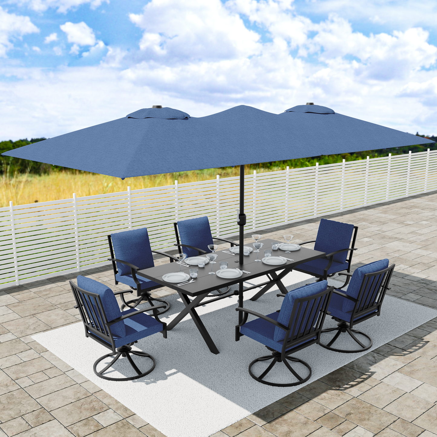 ALAULM Patio Dining Set w/14FT Umbrella, Metal Outdoor Furniture Set w/Rectangular table or Patio, Backyard, Garden, Poolside