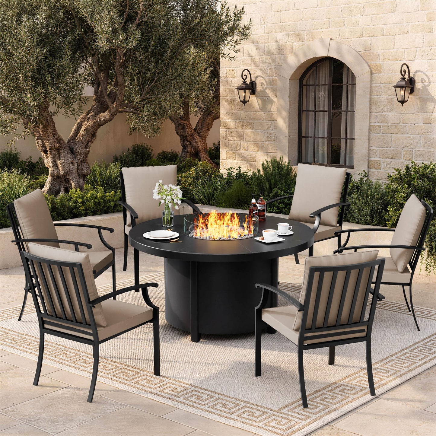 Gotland 7-Piece Outdoor Patio Dining Set, 48 Inch Round Propane Fire Pit Table with 6 Fixed Rocking Chairs, All Weather Patio Conversation Furniture for Backyard Deck Garden, Gray