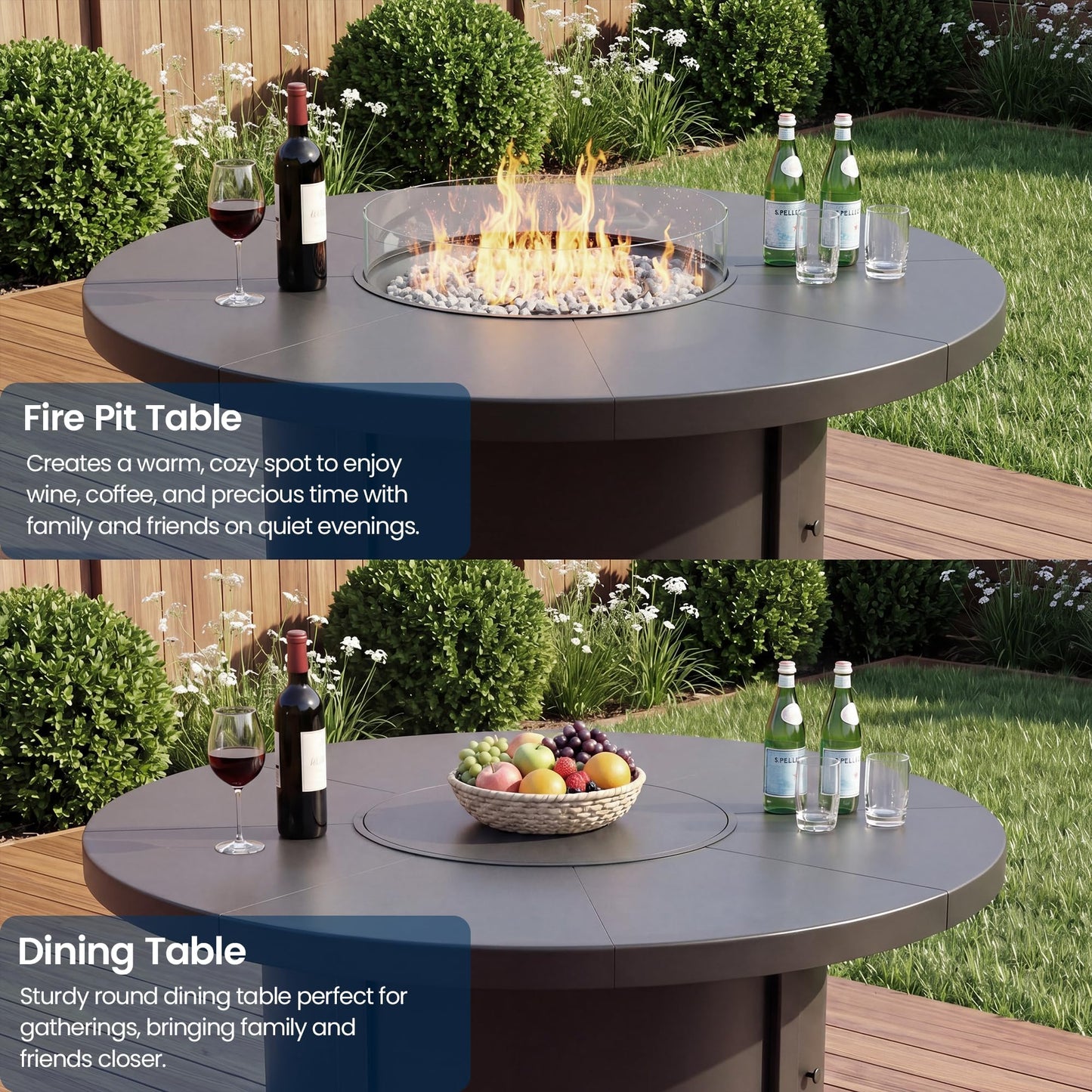 Gotland 5-Piece Outdoor Patio Dining Set, 48 Inch Round Propane Fire Pit Table with 4 Fixed Rocking Chairs, All Weather Patio Conversation Furniture for Backyard Deck Garden, Gray