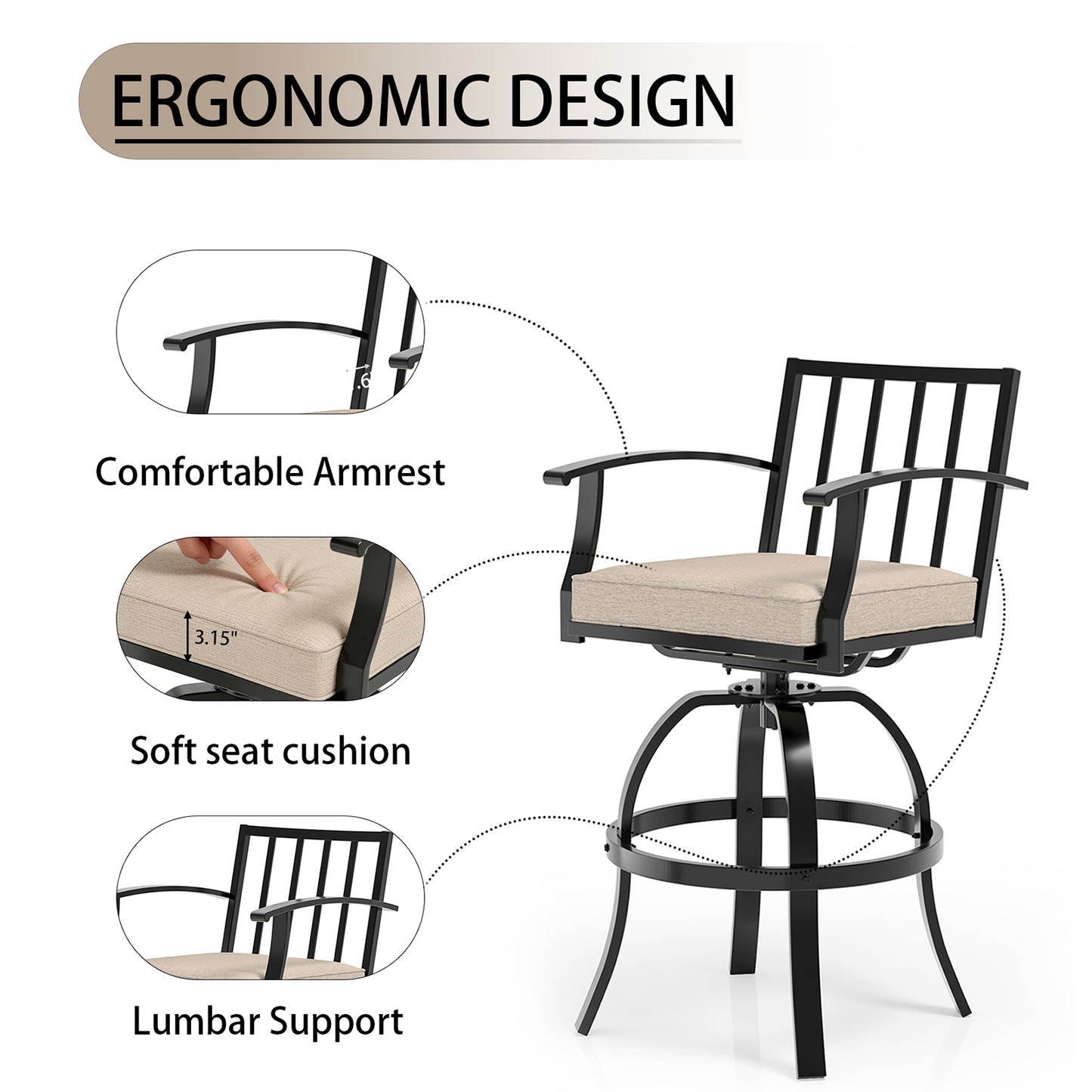 Gotland 3 Pieces Outdoor Swivel Bar Stools Set, All Weather Metal High Top Bistro Set Bar Height Table,High Top Bistro Stools with Sturdy Framewith 2 Chairs for Deck Lawn Garden,Sand