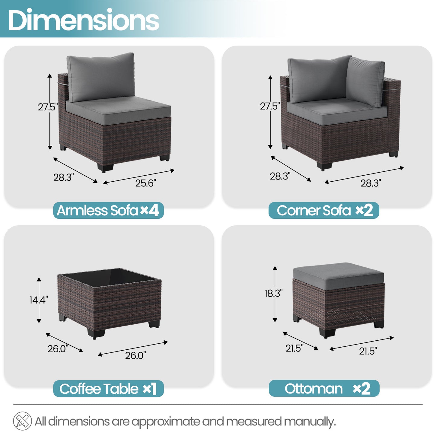 ALAULM 9PCS Outdoor Conversation Set, Thick Backrest Patio PE Rattan Wicker Sectional Sofas with Ottoman for Backyard, Porch, Sand