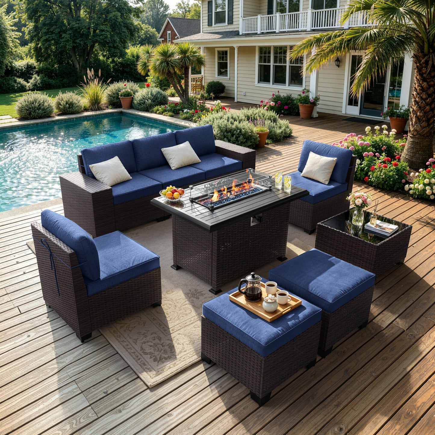 ALAULM 8PCS Outdoor Conversation Set, Wide Armrest Patio PE Rattan Wicker Sectional Sofas with Ottoman for Backyard, Porch, Sand