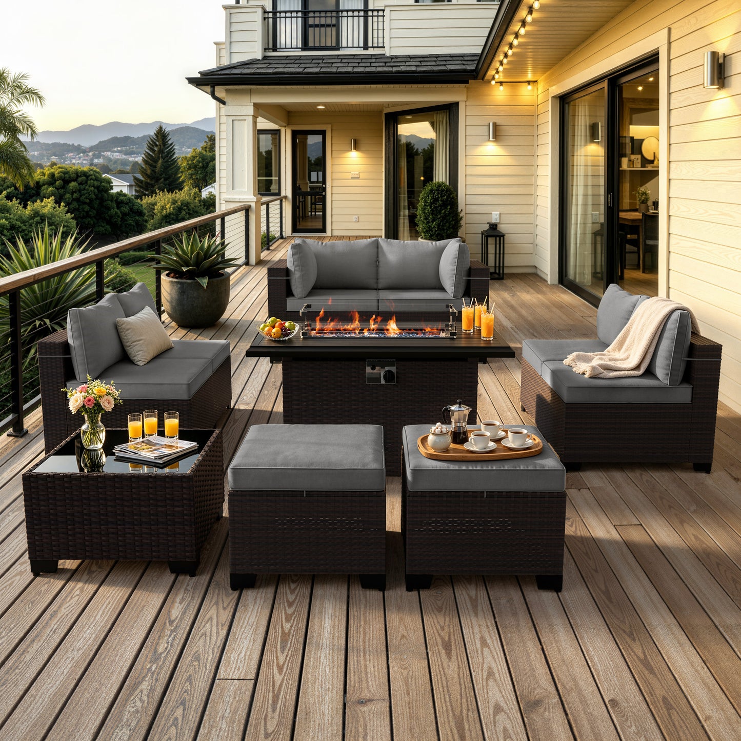 ALAULM 9PCS Outdoor Conversation Set, Thick Backrest Patio PE Rattan Wicker Sectional Sofas with Ottoman for Backyard, Porch, Sand