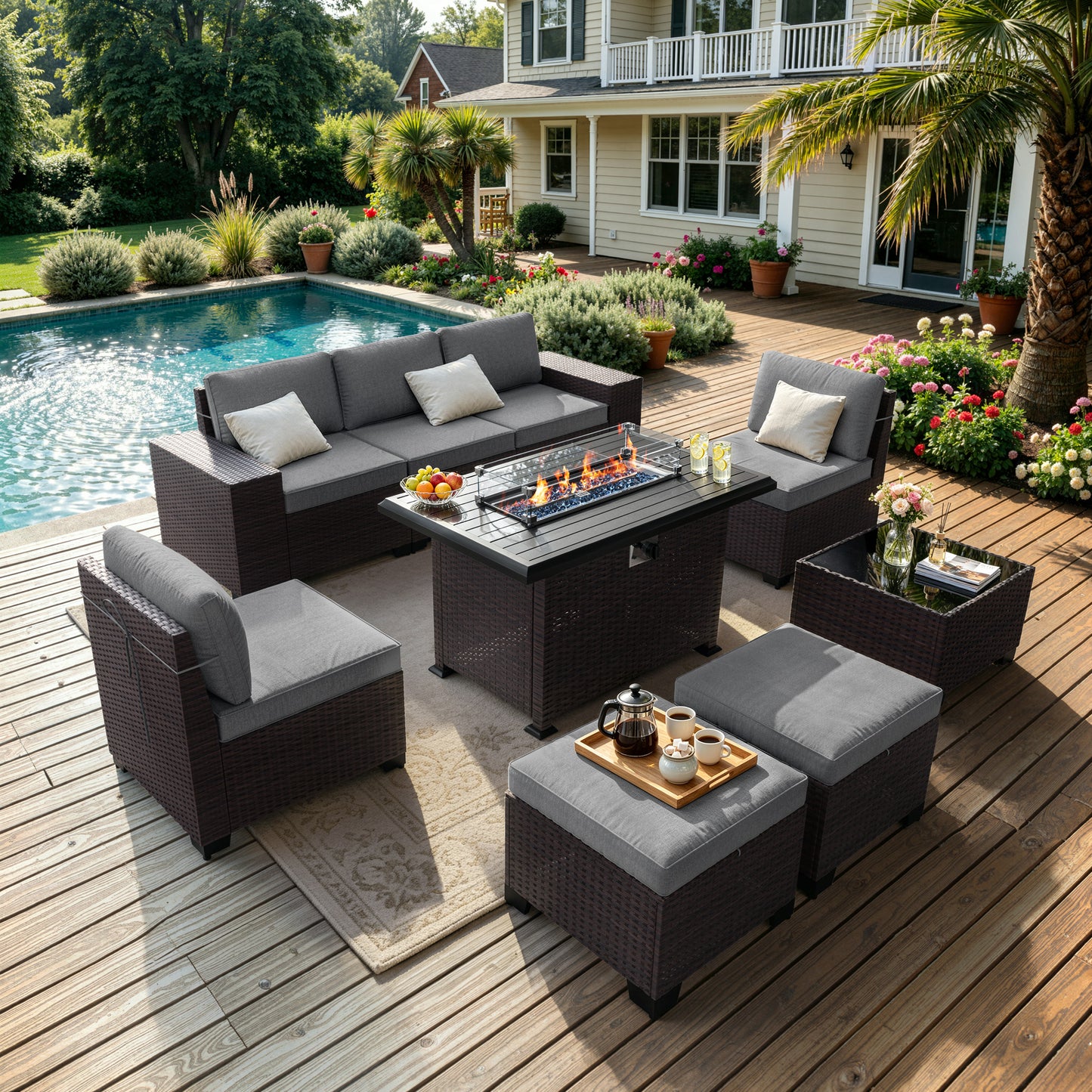 ALAULM 8PCS Outdoor Conversation Set, Wide Armrest Patio PE Rattan Wicker Sectional Sofas with Ottoman for Backyard, Porch, Sand