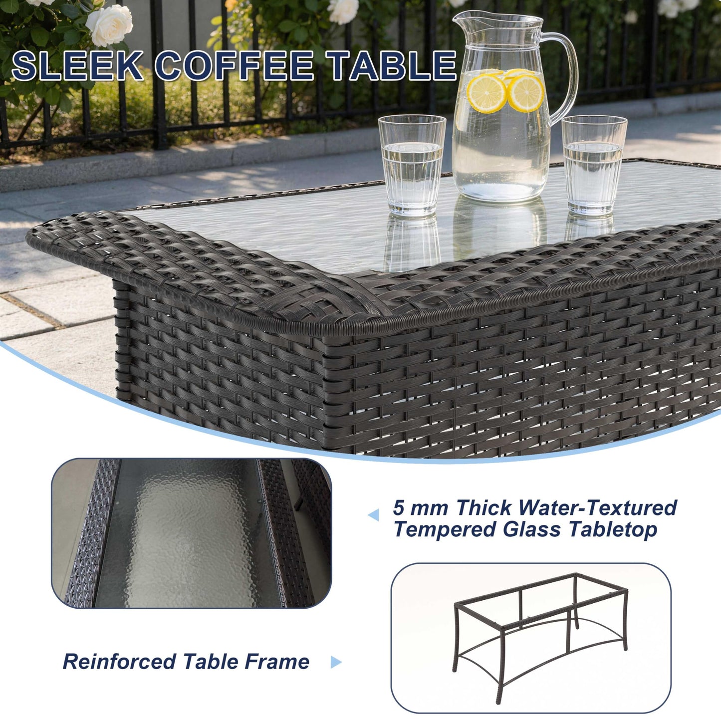 ALAULM 5-Piece Patio Furniture Set, Outdoor Thick Wicker High Back Sectional Set with 3-Seater Sofa, Swivel Chairs and Square Coffee Table for Yard Patio