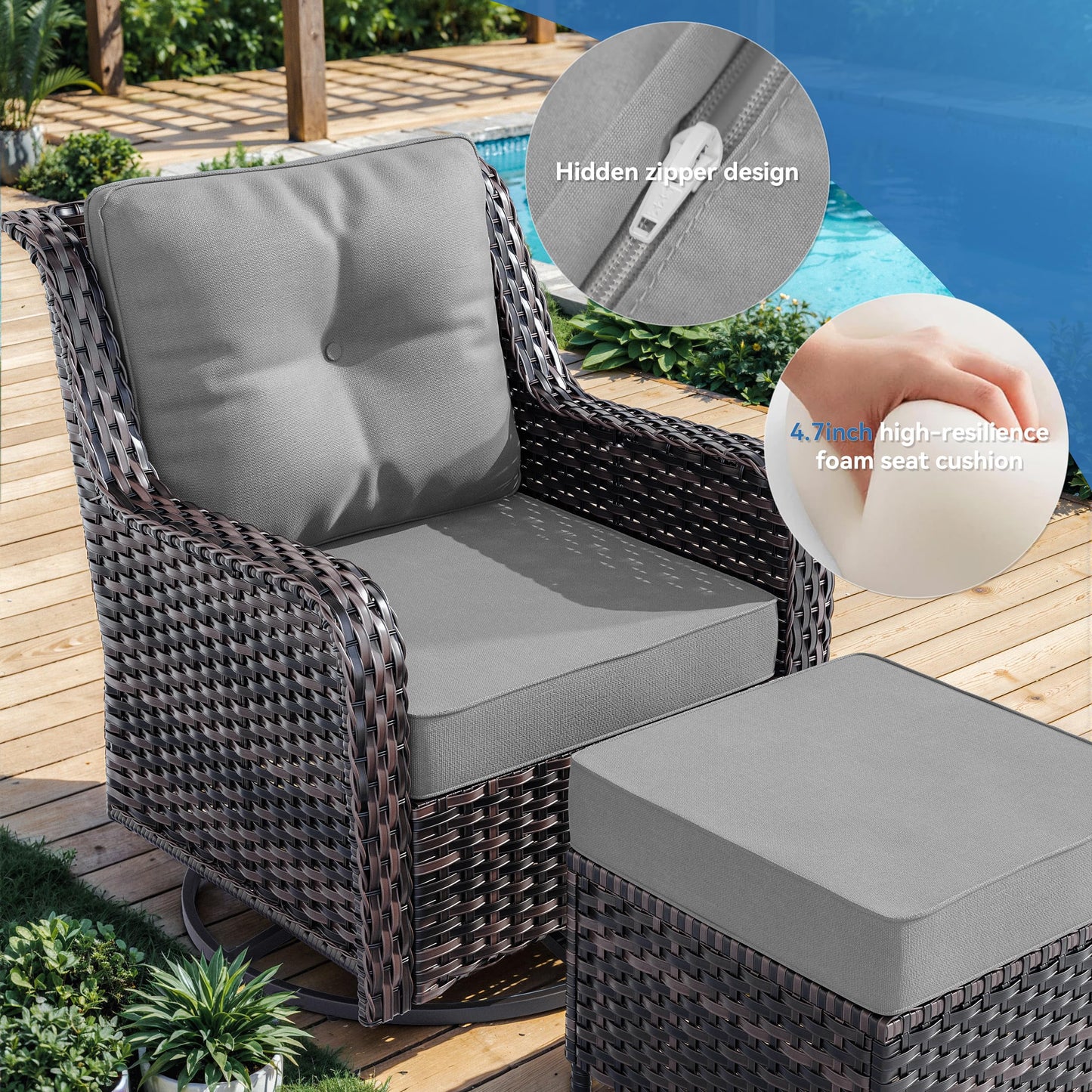 ALAULM 7 Pieces Patio Furniture Set,All-Weather Wicker High Back Outdoor Swivel Rocker Patio Chairs with Coffee Table & Thick Cushions,Paito Conversation Set for Porch,Deck