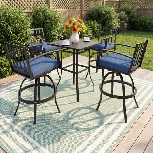 ALAULM 5 Pieces Outdoor Swivel Bar Stools Set, All Weather Metal Patio High Top Bistro Set with 4 Cushioned Chairs and Table for Garden Deck Lawn