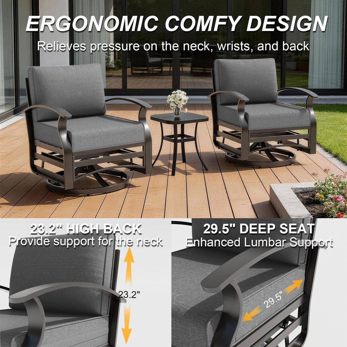ALAULM 3 Pieces Patio Furniture Set, 2 Aluminum Outdoor Swivel Rocking Chairs with 5.1" Padded Removable Cushions & 1 Tempered Glass Coffee Table for Backyard Lawn Porch