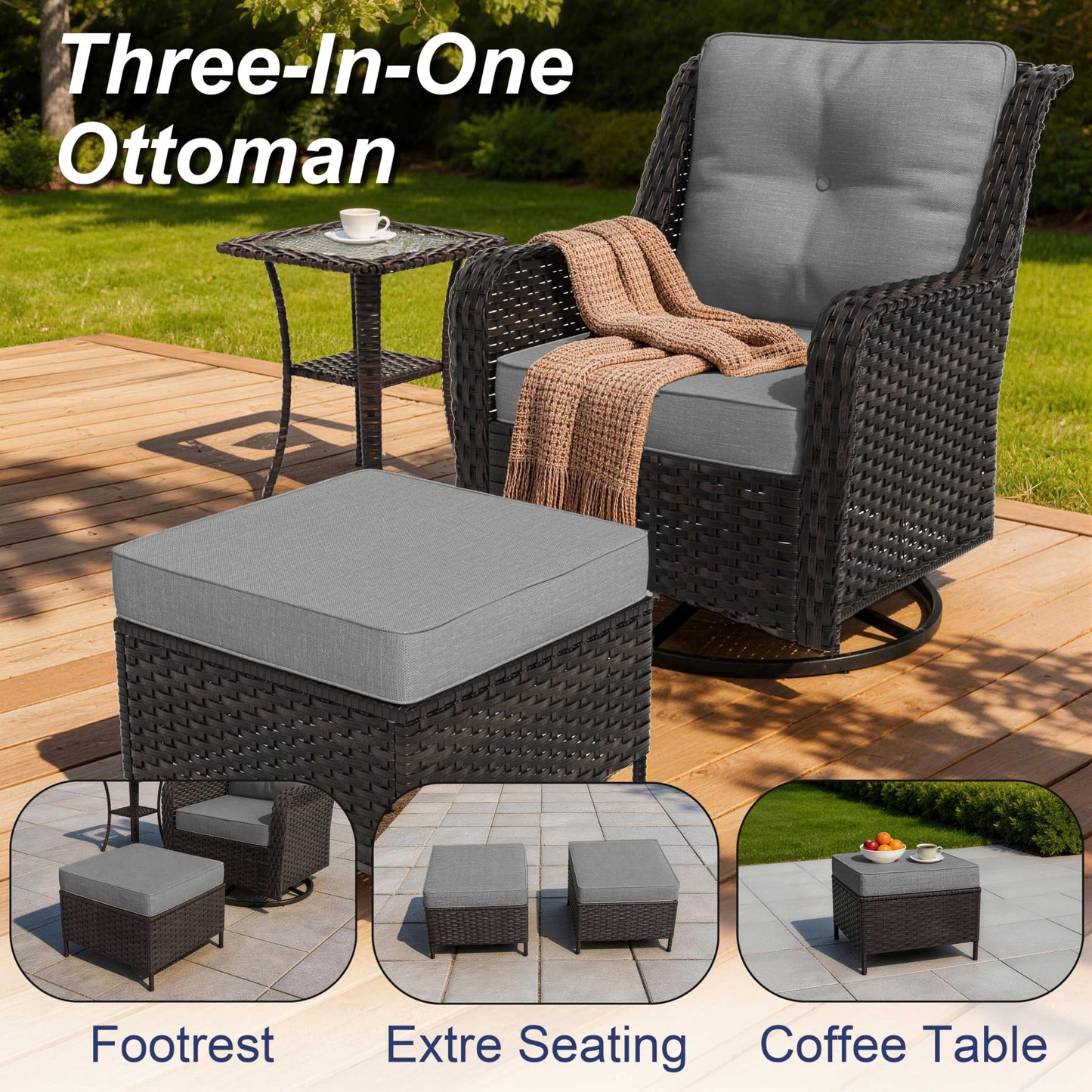 ALAULM 5-Piece Patio Furniture Set, Outdoor Thick Wicker Conversation Set with Swivel Chairs and Ottomans, High Back Wicker Sectional Sofa Couch for Backyard Porch Deck