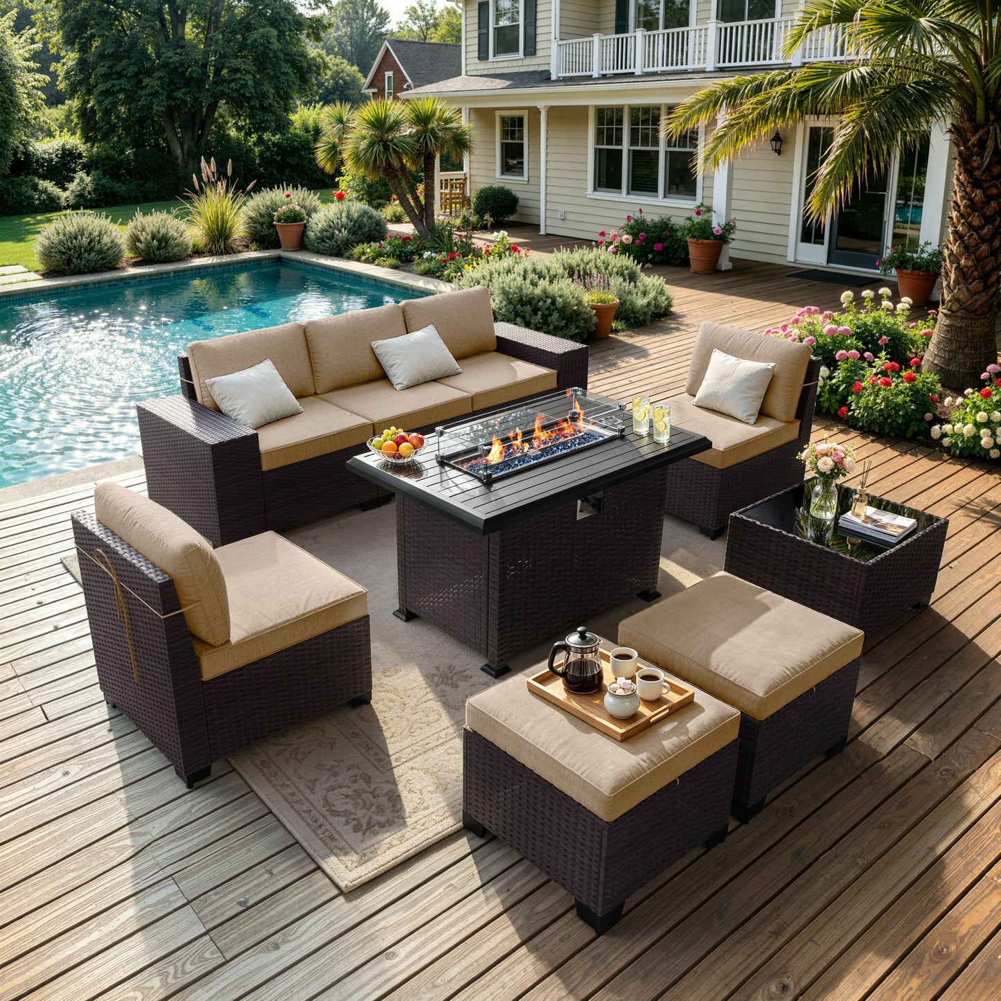ALAULM 8PCS Outdoor Conversation Set, Wide Armrest Patio PE Rattan Wicker Sectional Sofas with Ottoman for Backyard, Porch, Sand