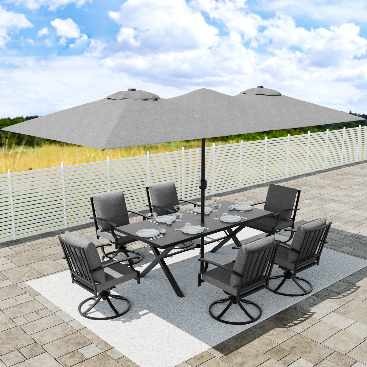 ALAULM Patio Dining Set w/14FT Umbrella, Metal Outdoor Furniture Set w/Rectangular table or Patio, Backyard, Garden, Poolside