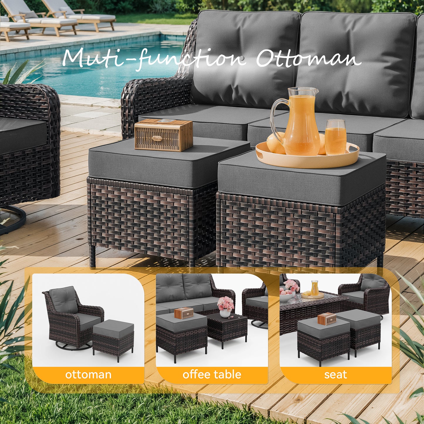 Gotalnd 7-Piece Patio Furniture Set, Outdoor Thick Wicker Sectional Sofas with 2 Swivel Chairs, High Back Sectional Sofa Couch, Outdoor Conversation Set for Backyard, Porch, Deck