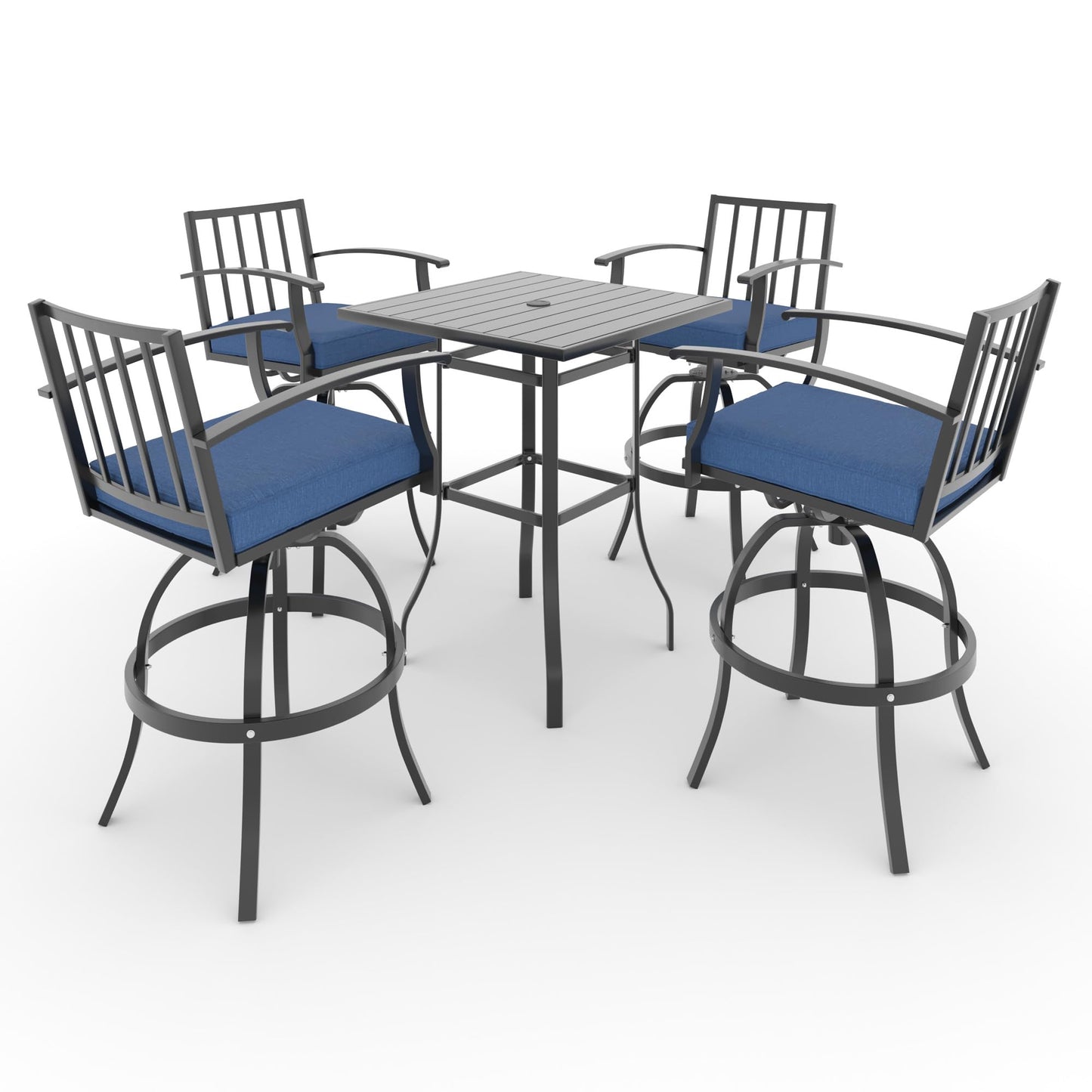 ALAULM 5 Pieces Outdoor Swivel Bar Stools Set, All Weather Metal Patio High Top Bistro Set with 4 Cushioned Chairs and Table for Garden Deck Lawn