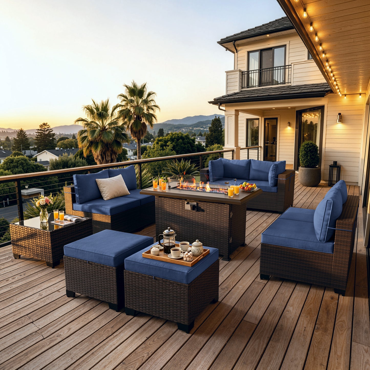 ALAULM 9PCS Outdoor Conversation Set, Thick Backrest Patio PE Rattan Wicker Sectional Sofas with Ottoman for Backyard, Porch, Sand