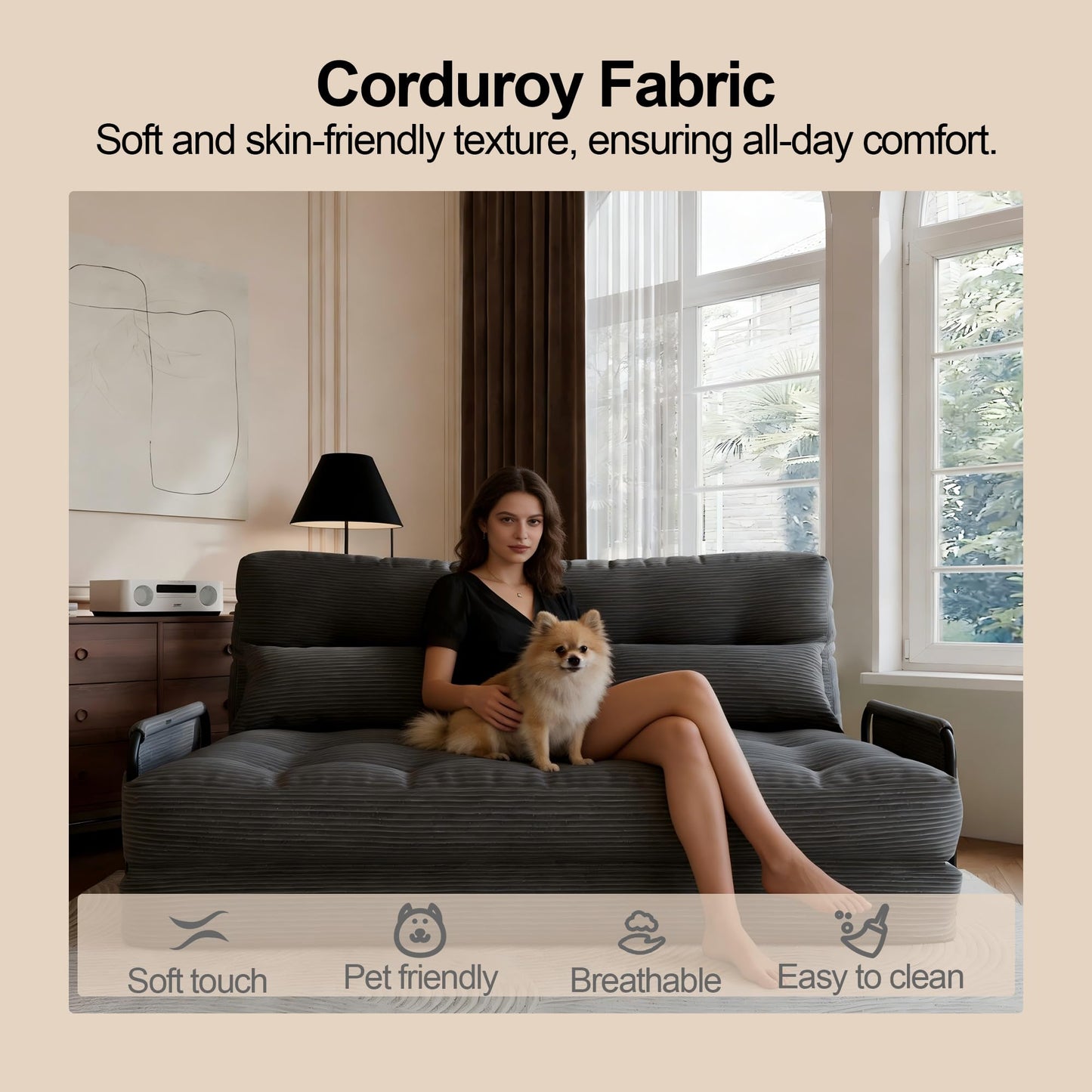 ALAULM Modern Two-Seater Folding Sofa Bed Convertible Sleeper Couch with Pillows, Storage Side, Versatile Floor Couch for Living Room Bedroom, White | Foldable, Comfortable, Multiple Usage
