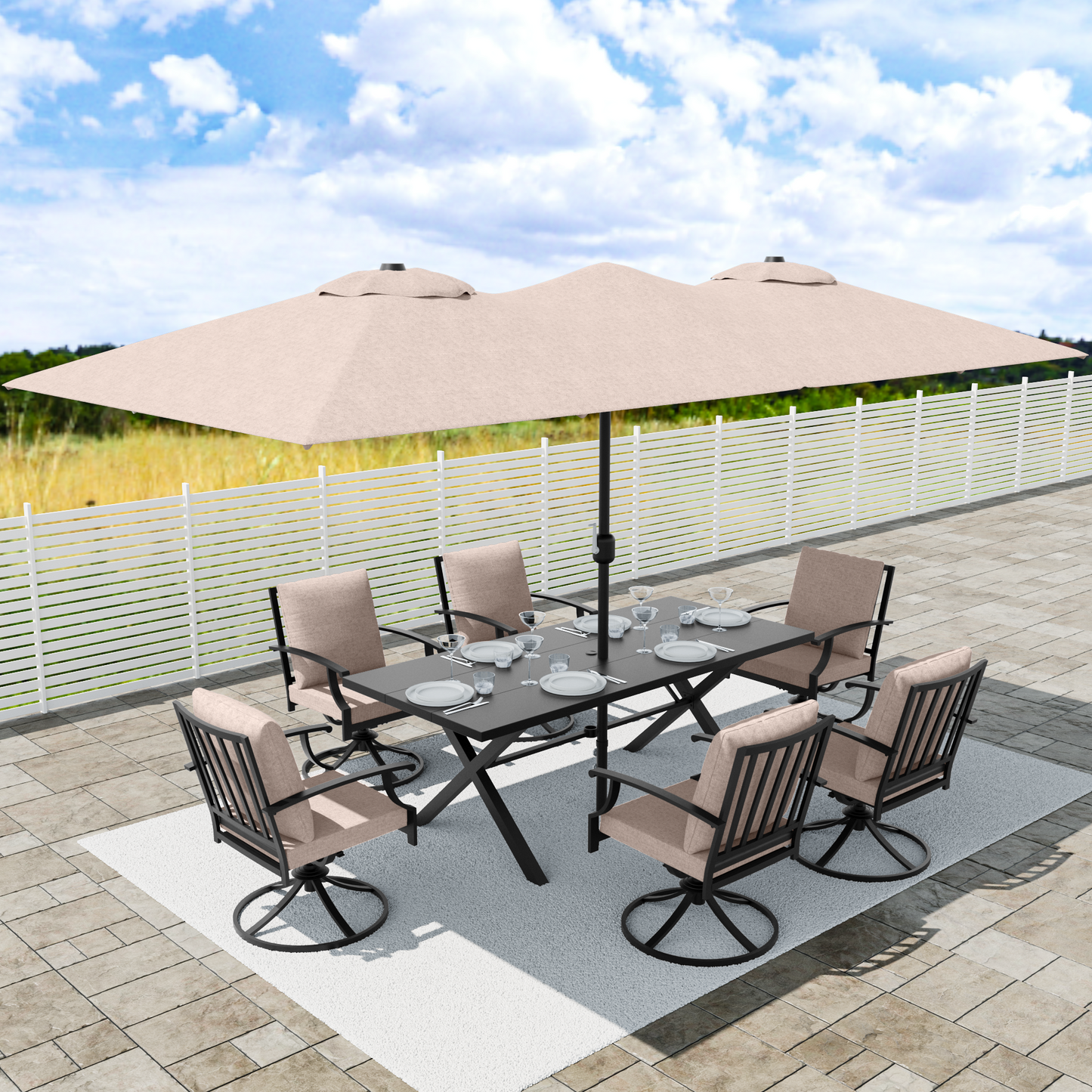ALAULM Patio Dining Set w/14FT Umbrella, Metal Outdoor Furniture Set w/Rectangular table or Patio, Backyard, Garden, Poolside