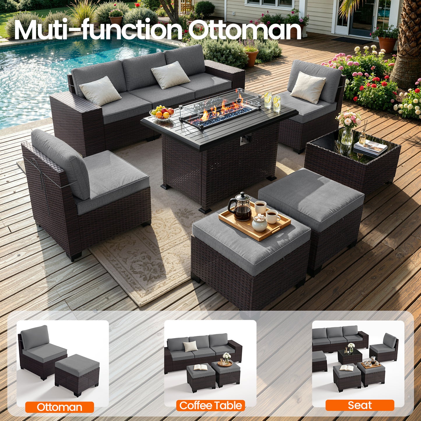ALAULM 8PCS Outdoor Conversation Set, Wide Armrest Patio PE Rattan Wicker Sectional Sofas with Ottoman for Backyard, Porch, Sand