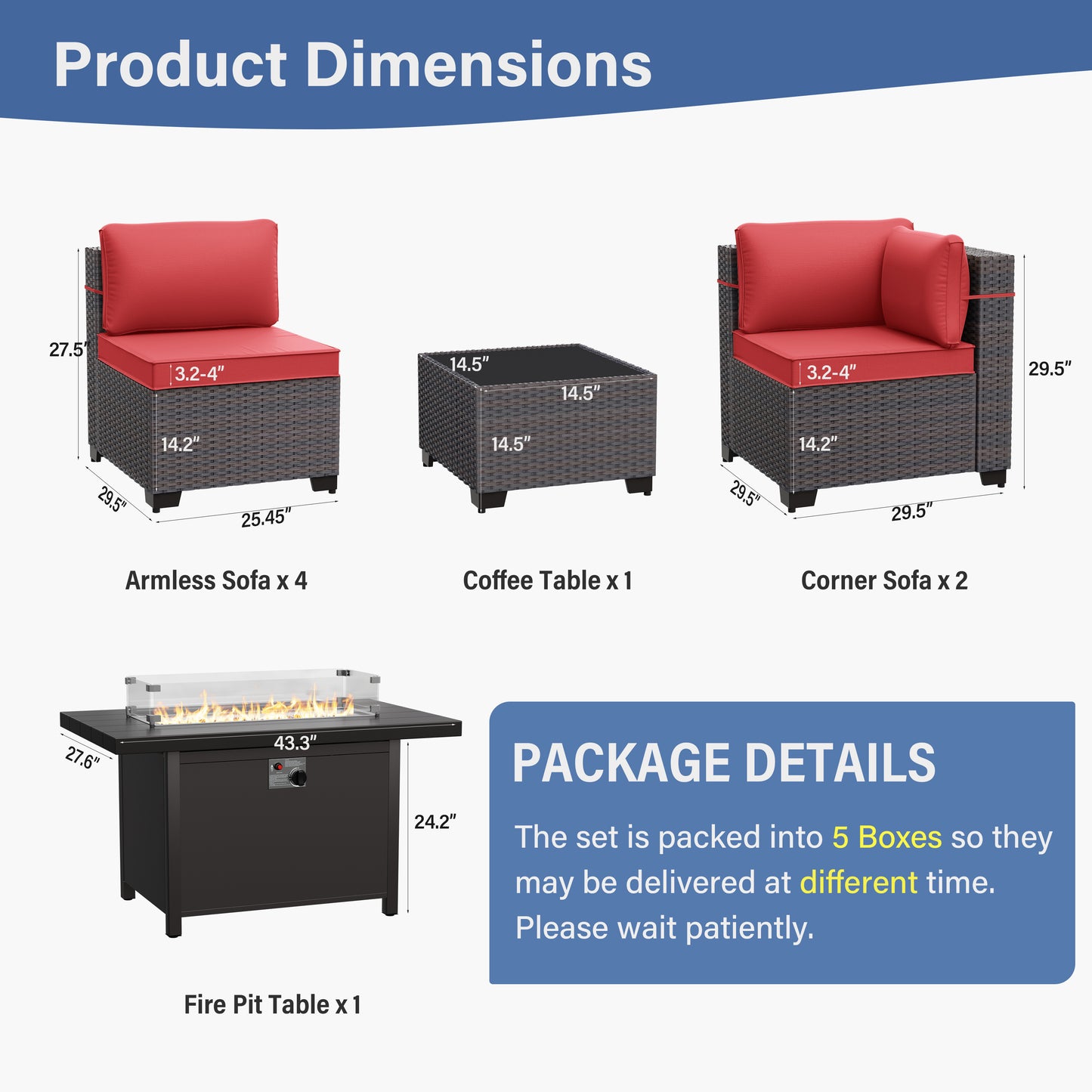 ALAULM 8 Pcs Patio Furniture Set withStainless Steel Gas Fire Pit Table, Brown/Blue